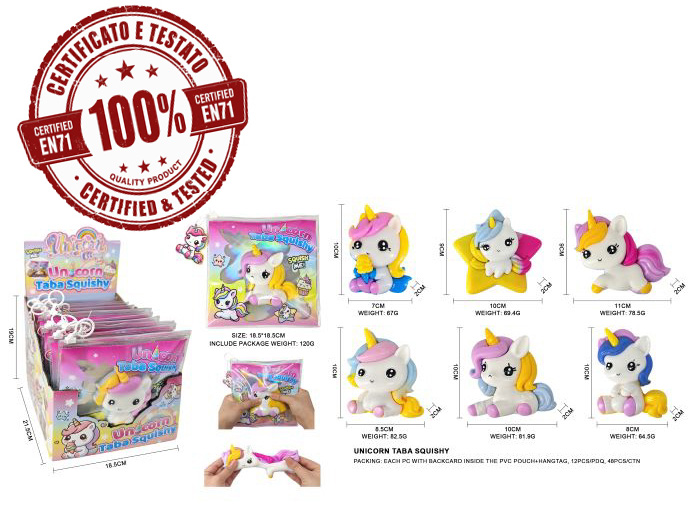 UNICORNI TABA SQUISHY 10cm (In busta – PVC Pouch 18×18 cm) c/backcard In espo da 12pz 6ass…x12…x48